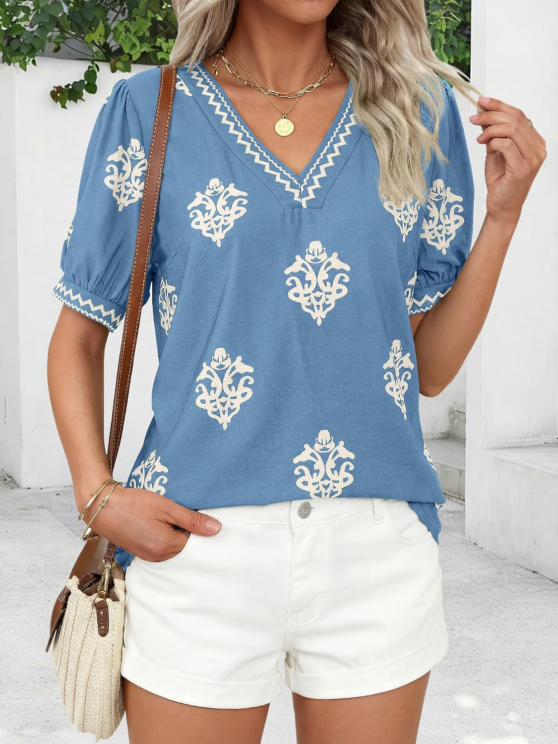Casual Summer T Shirts Going Out Tops for Women Beach Vacation Clothes Short Sleeve Blouses V Neck Boho Tunics