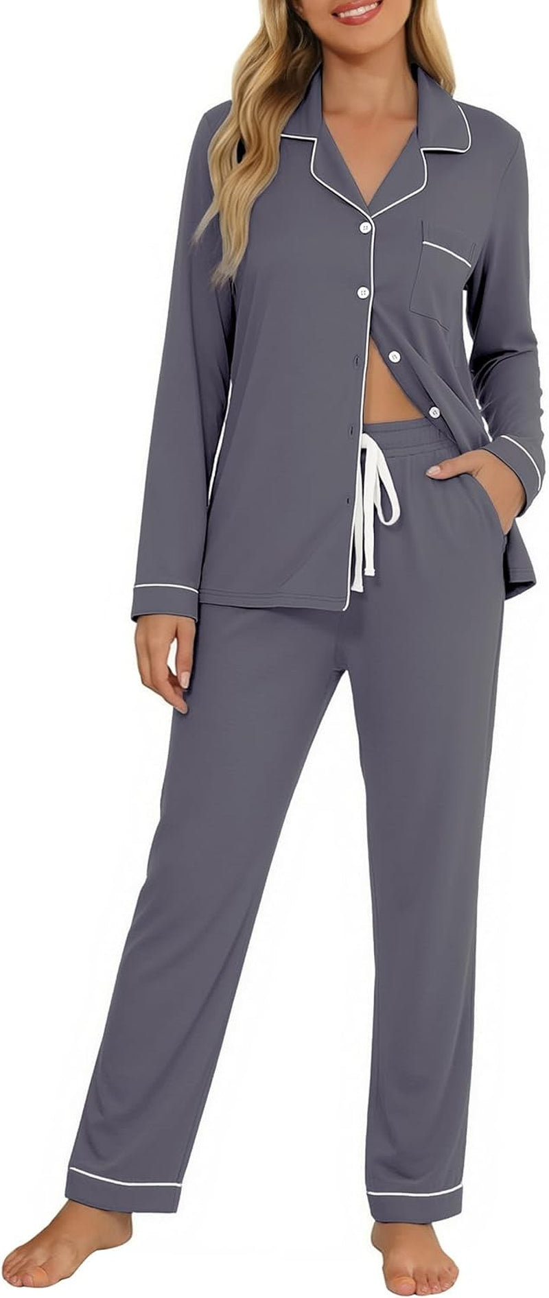 Pajamas Set for Women Long Sleeve Sleepwear with Pocket Soft Button down Shirt Long Pants Pj Lounge Sets S-XXL