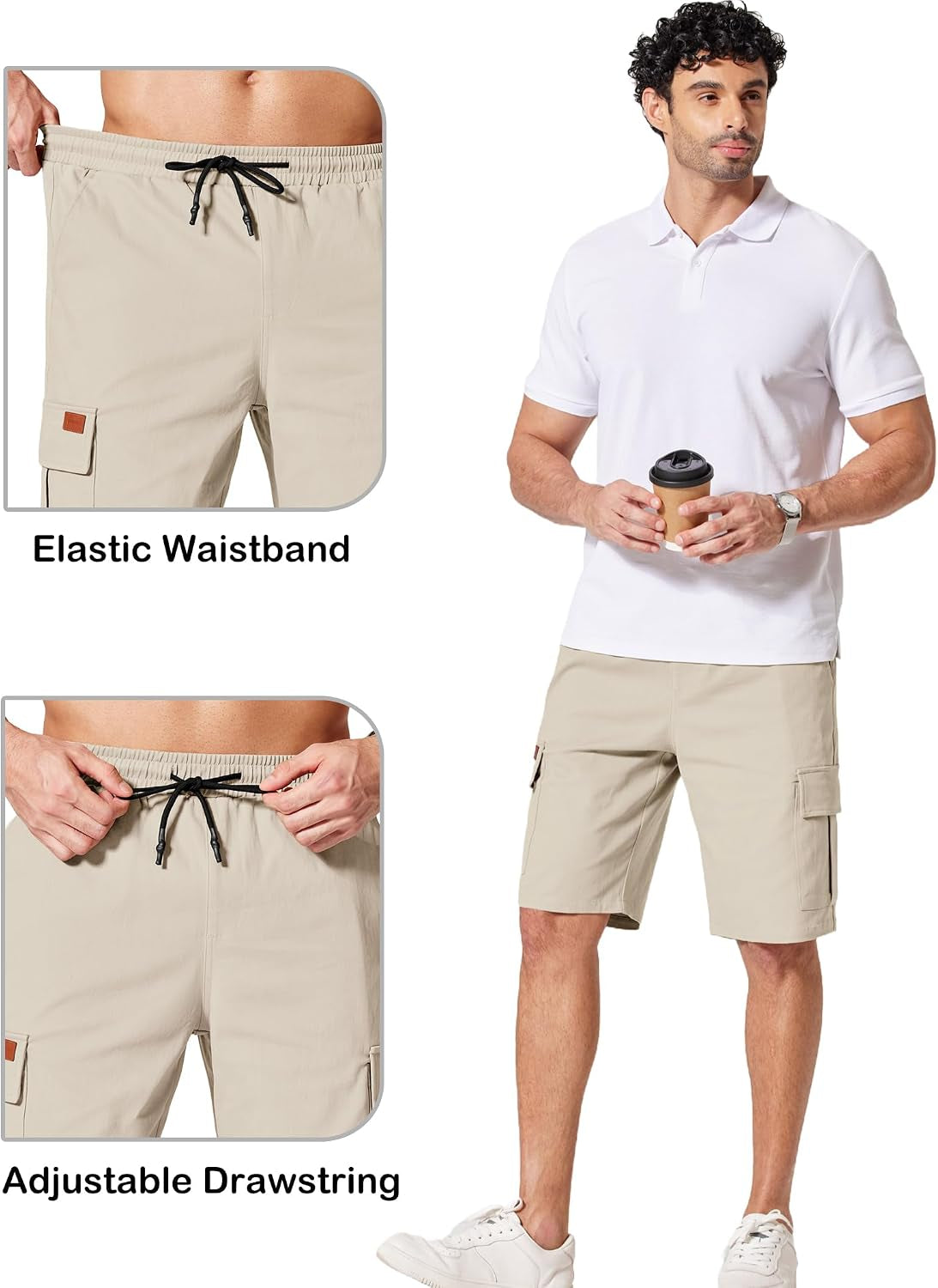 Men'S Casual Cargo Shorts 10" Drawstring Elastic Waist Shorts Summer Cotton Chino Work Shorts with 6 Pockets