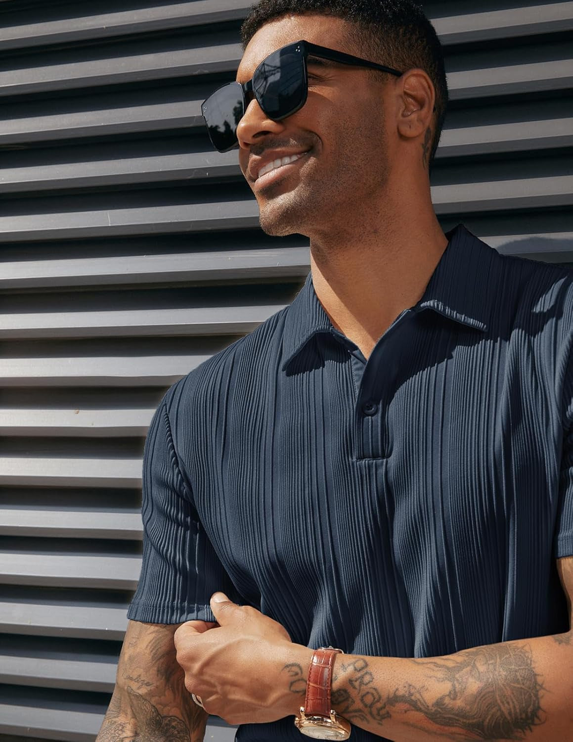 Mens Polo Shirts Textured Knit Polo Stretchy Regular Fit Collared Golf Shirts