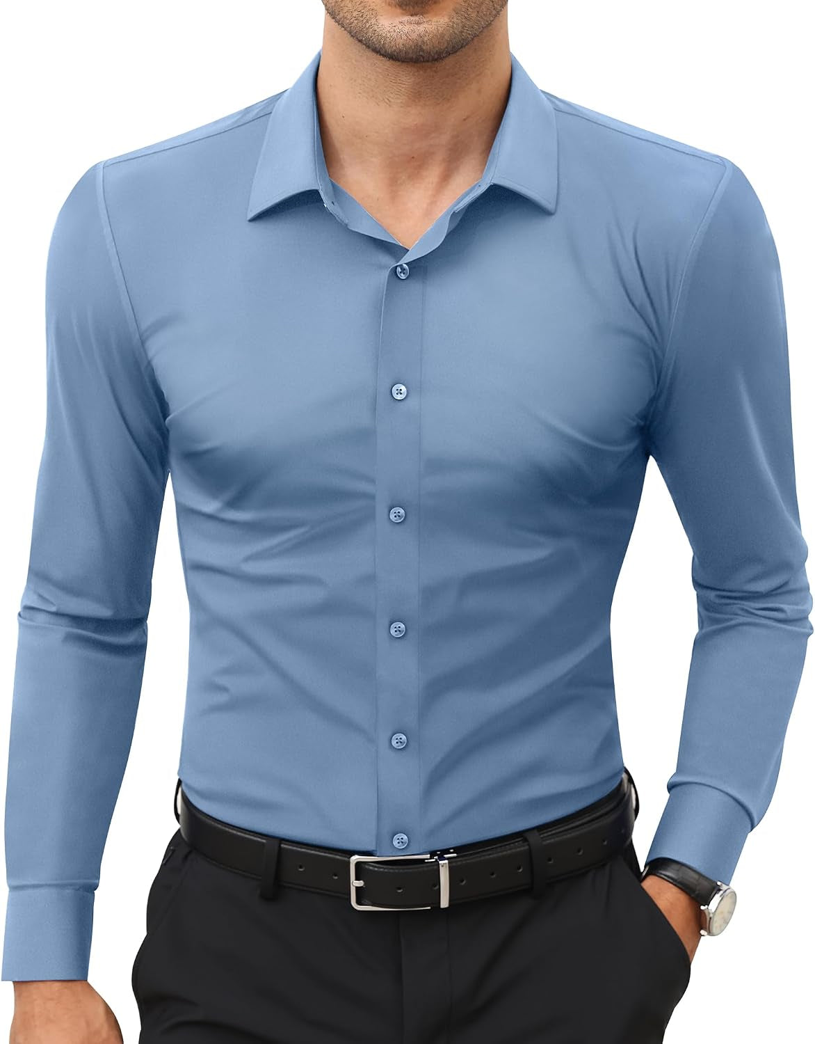 Stretch Mens Dress Shirts Long Sleeve Slim Fit Dress Shirts for Men Muscle Fit Wrinkle Free Button down Shirt