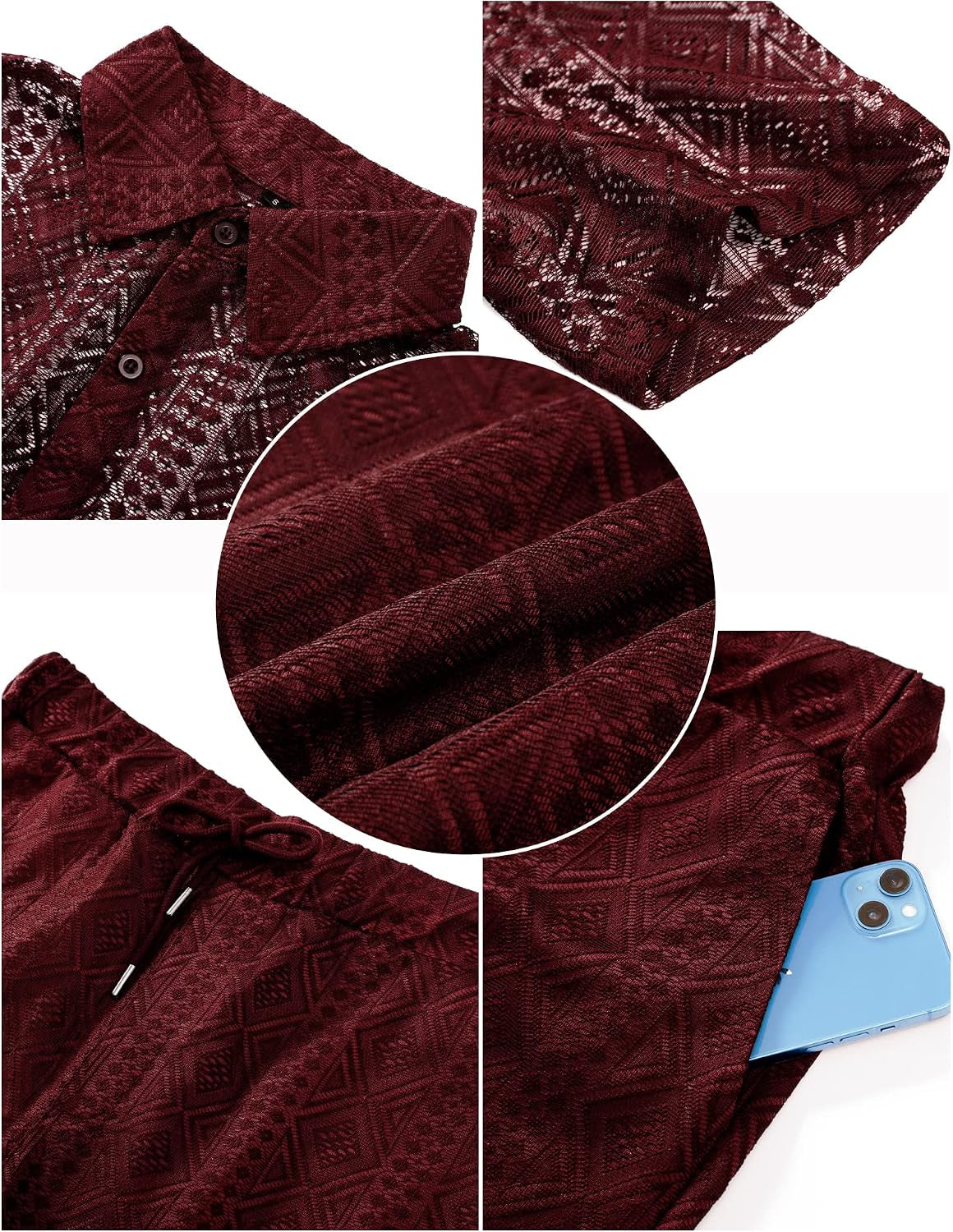 Men Summer Casual Short Sets Lace Short Sleeve Button down Shirt Elastic Waist Shorts 2 Piece Outfits Tracksuit