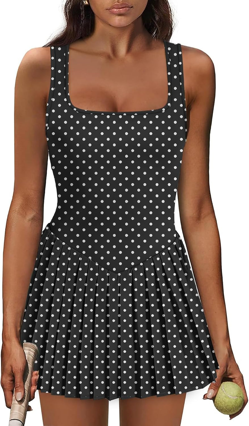 Athletic Dress for Women Built in Shorts U Neck Womens Tennis Dress Pleated with Pockets Sleeveless Golf Clothes
