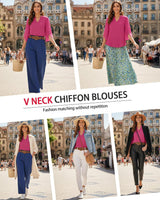 Womens Tops Dressy Casual Ruffle 3/4 Sleeve V Neck Double Layers Chiffon Blouses Tops