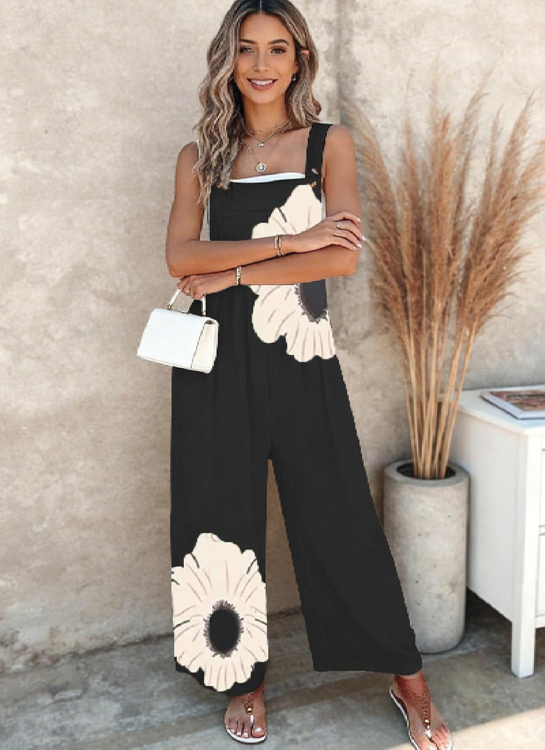 Women'S Jumpsuits 2026 Summer Floral Overalls One Piece Outfits Sleeveless Wide Leg Pants Rompers with Pockets