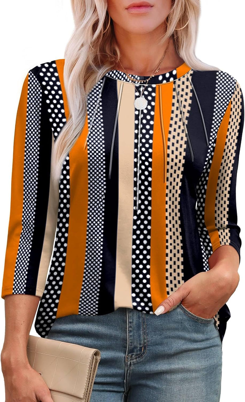 3/4 Length Sleeve Womens Tops round Neck Casual Tunic Tops Basic Pleated Shirts Loose Fit 2026