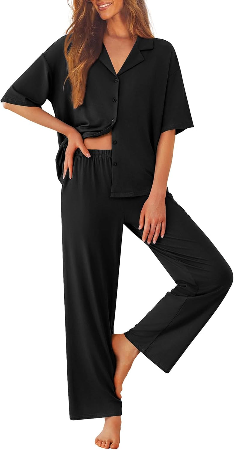 Women Pajamas Set Button down Sleepwear Short Sleeve Pjs Soft Comfy Nightwear with Long Pants S-XXL