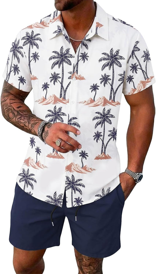 Mens Summer Outfits 2 Piece Hawaiian Beach Vacation Set