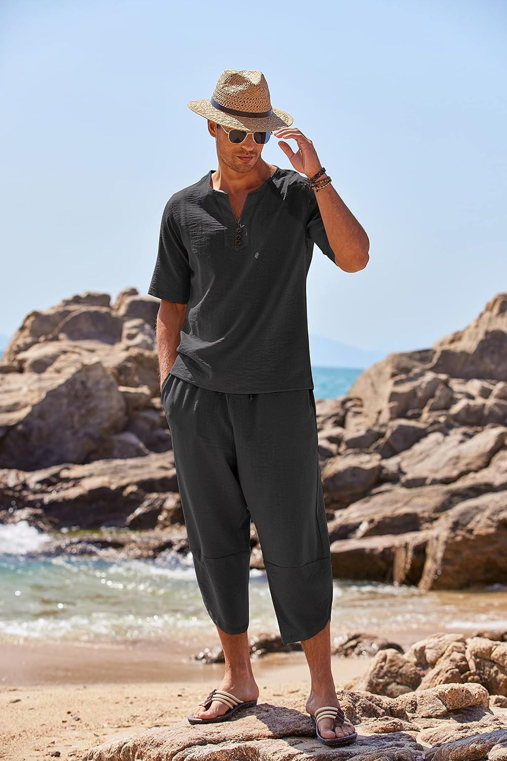 Men'S 2 Pieces Linen Set Henley Shirt Short Sleeve and Harem Capri Pants Wide Leg Baggy Beach Yoga Trousers Outfits