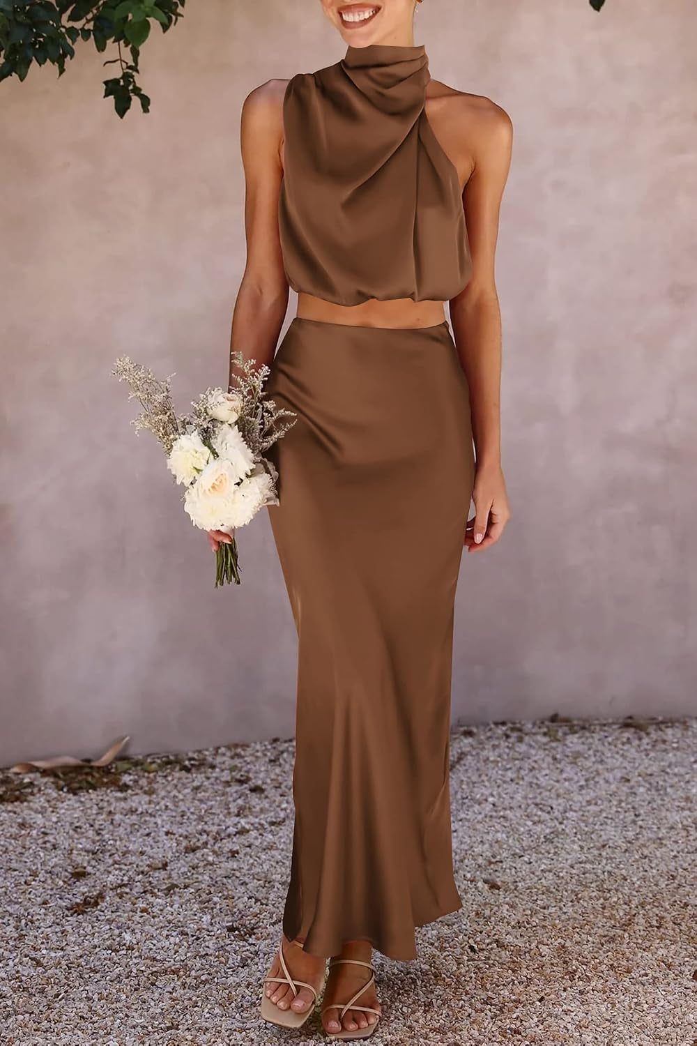 Women'S 2 Piece Satin Outfits Summer Sleeveless Mock Neck Crop Tops and Long Skirt Dress Sets