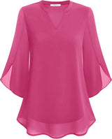 Womens Tops Dressy Casual Ruffle 3/4 Sleeve V Neck Double Layers Chiffon Blouses Tops