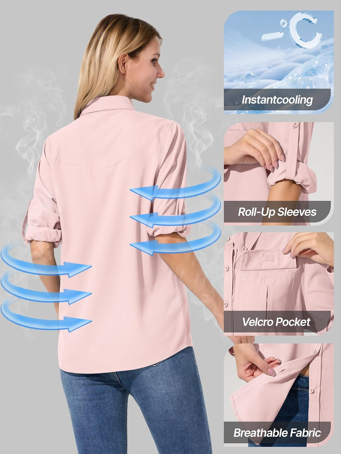 Womens UPF 50 Sun Protection Shirts Fishing Shirts Quick Dry Roll-Up Sleeves Safari Shirts
