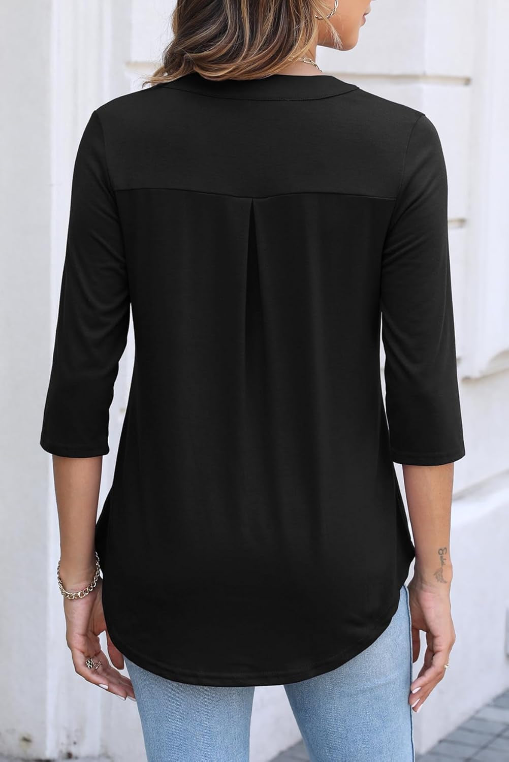 Women'S 3/4 Length Sleeve V Neck Zip Flowy Dressy Casual Tops Blouse