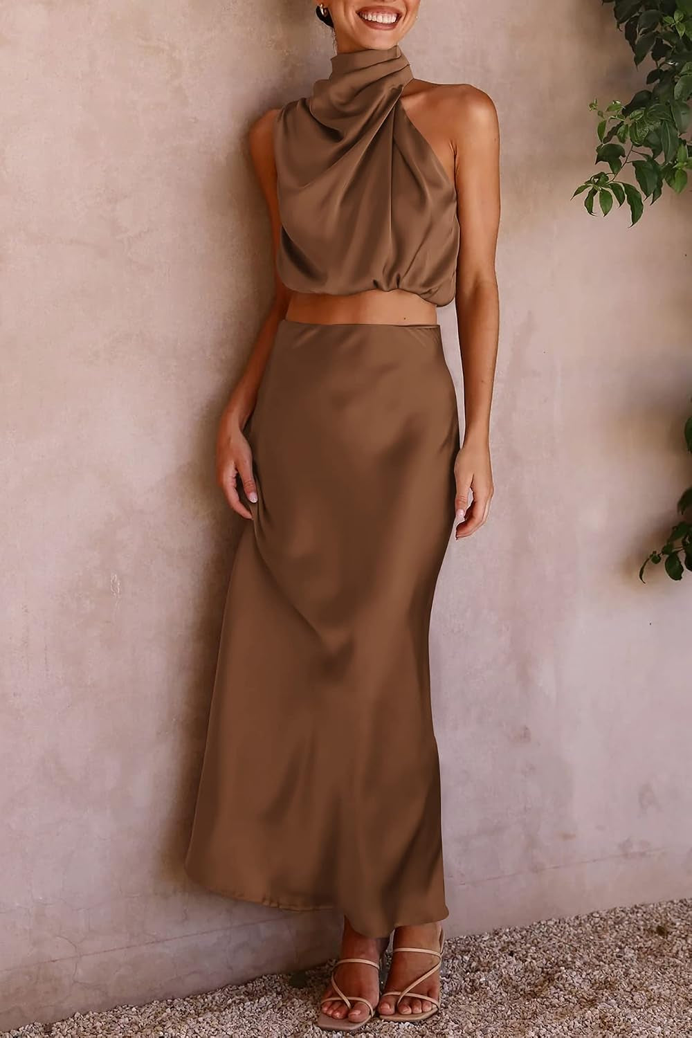 Women'S 2 Piece Satin Outfits Summer Sleeveless Mock Neck Crop Tops and Long Skirt Dress Sets