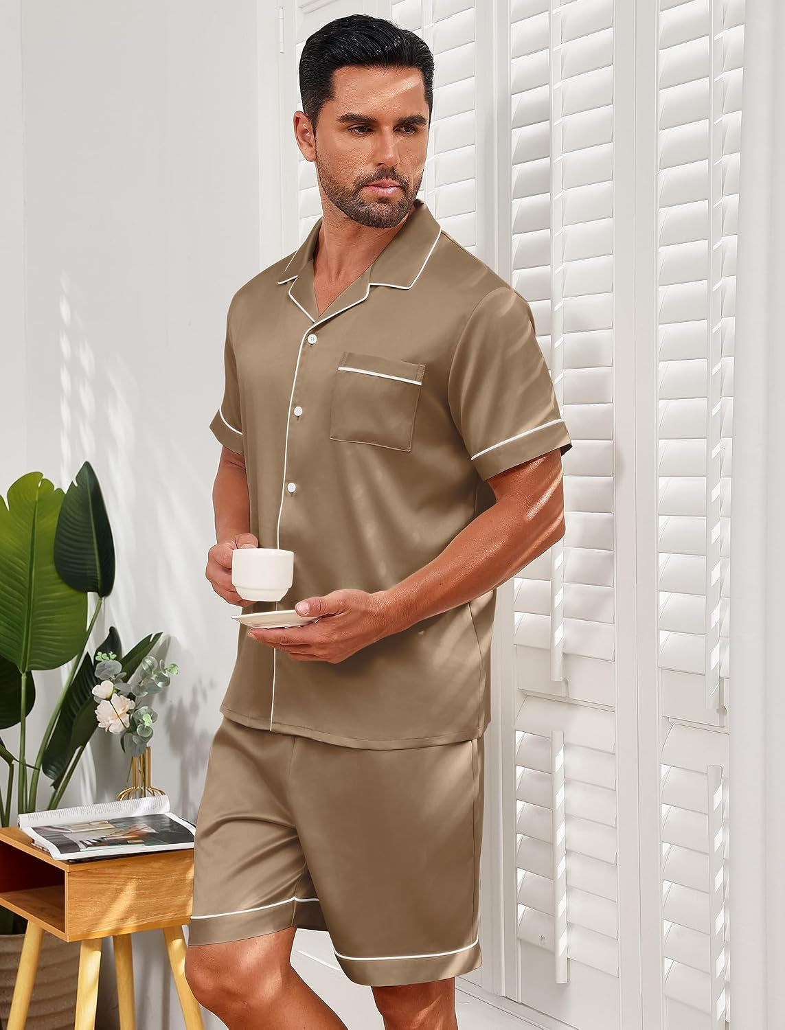 Mens Satin Silk Pajamas Sets Short Sleeve Button-Down Sleepwear Two Piece Loungewear with Pockets