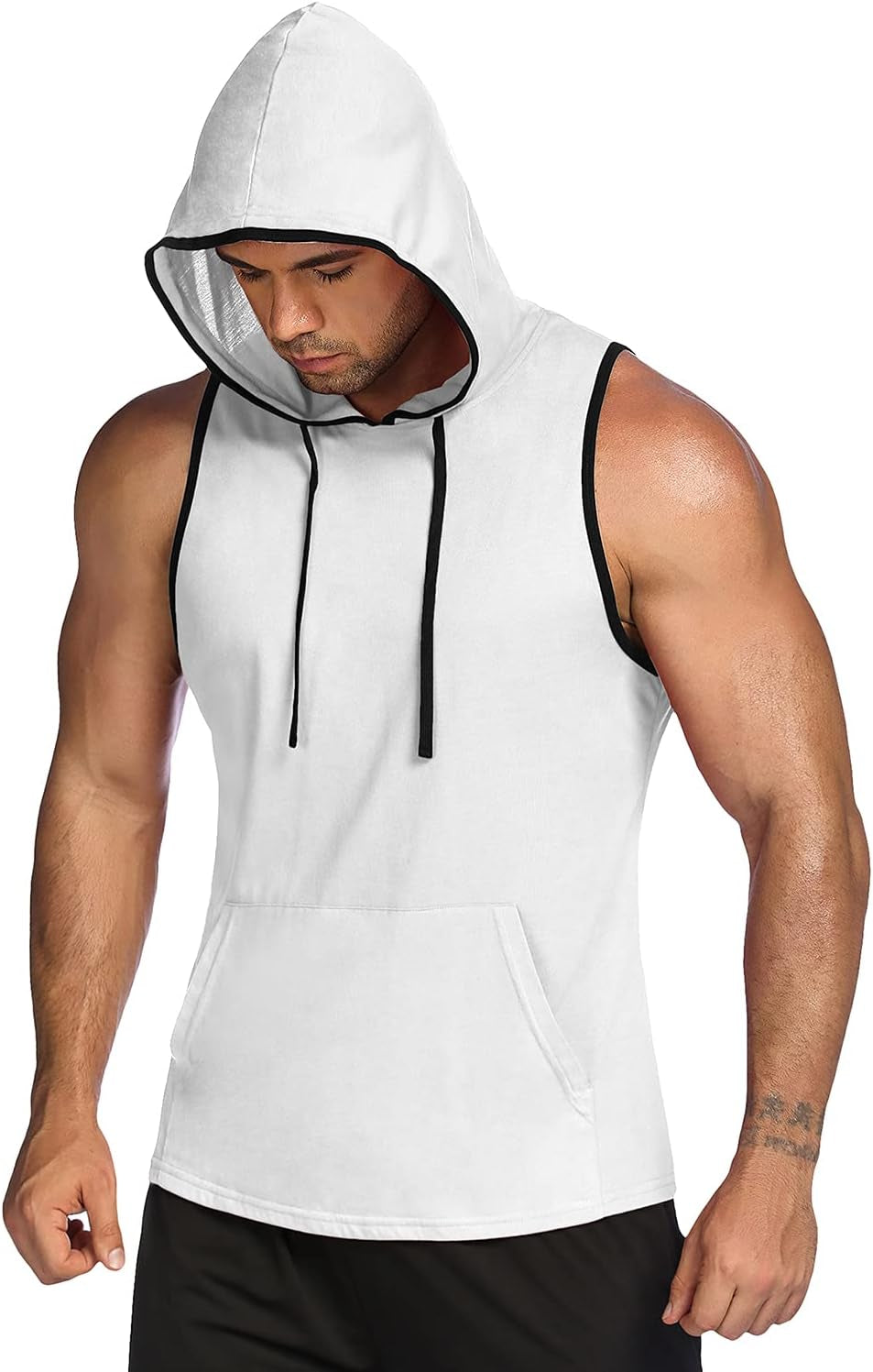 Men'S Sleeveless Workout Hoodie Tank Tops Gym Bodybuilding Muscle Cut off T-Shirts with Pockets White