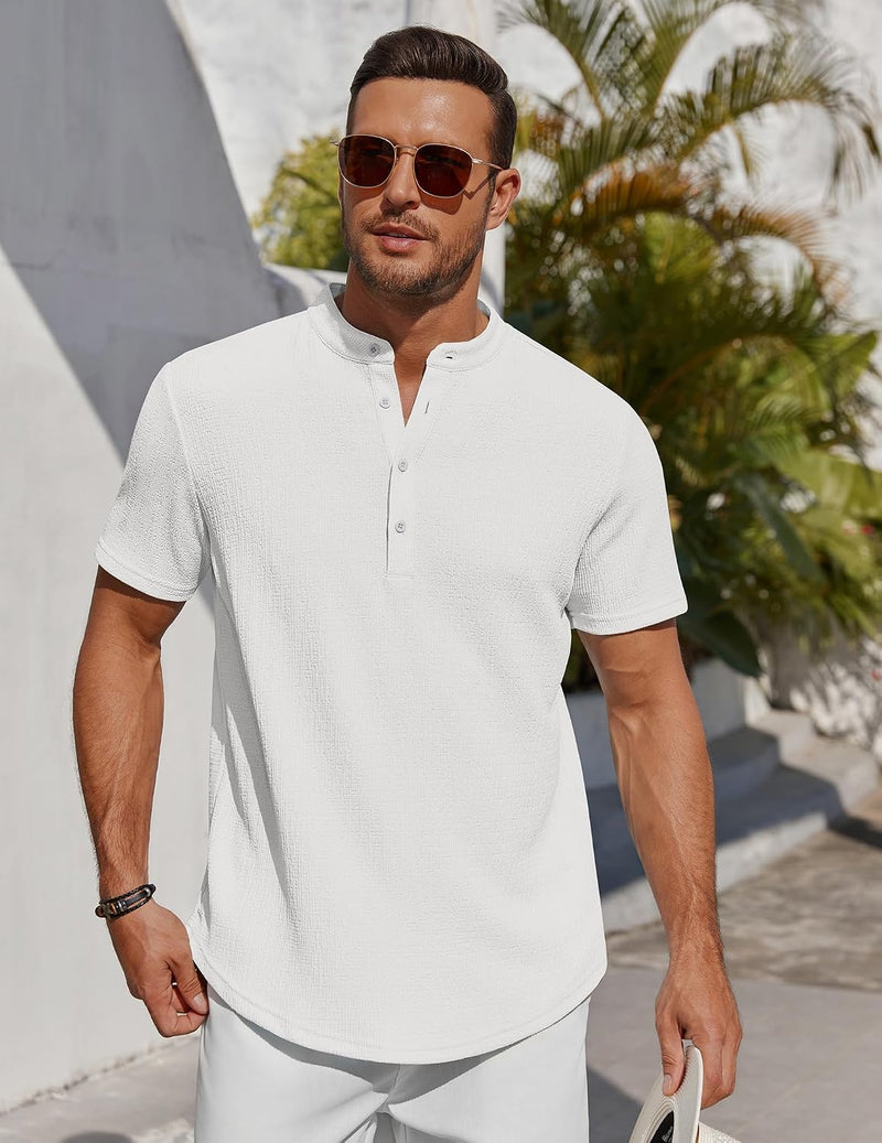 Men'S Henley Shirt Short Sleeve Stand Collar Summer Casual Beach Hippie T-Shirts