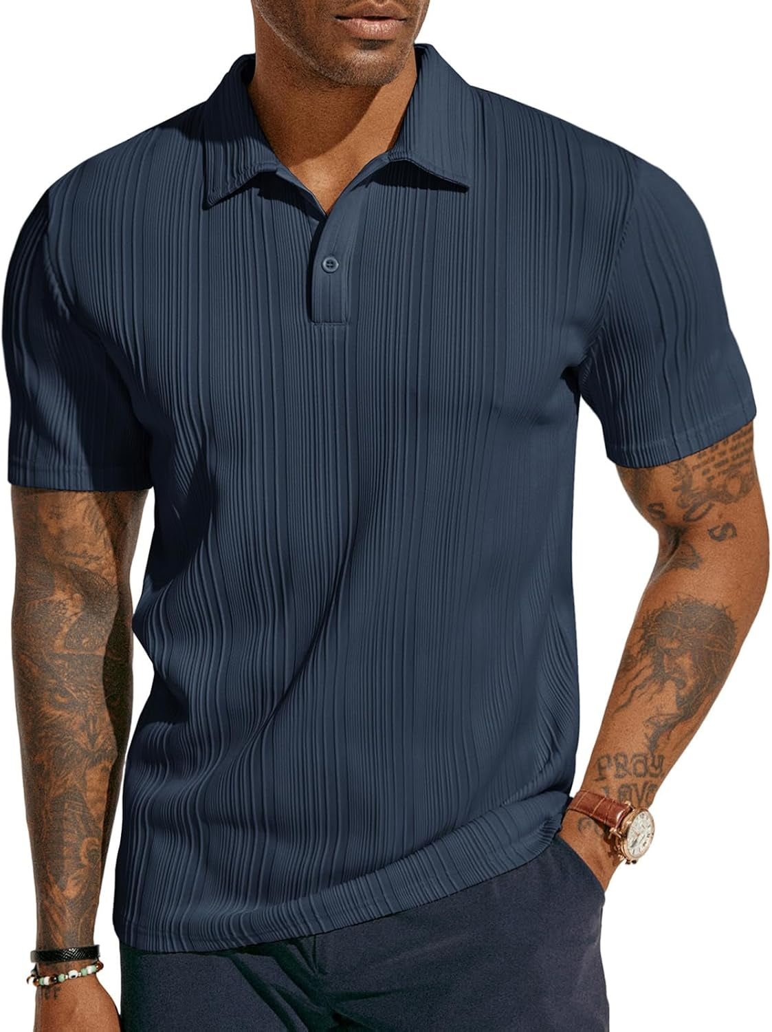 Mens Polo Shirts Textured Knit Polo Stretchy Regular Fit Collared Golf Shirts