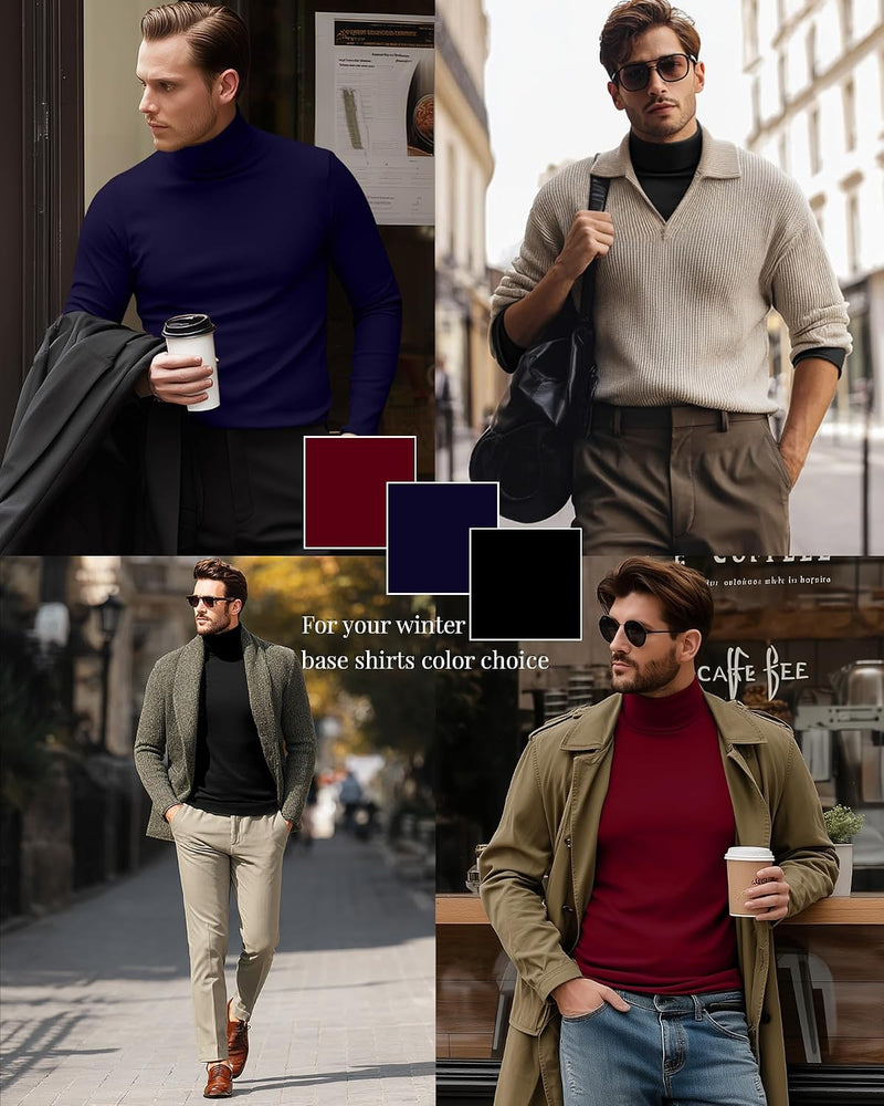 3 Pack Men'S Turtleneck Shirts, Long Sleeve Cotton Pullover Sweaters Mock Neck Knitted T-Shirt Basic Slim Fit Tops