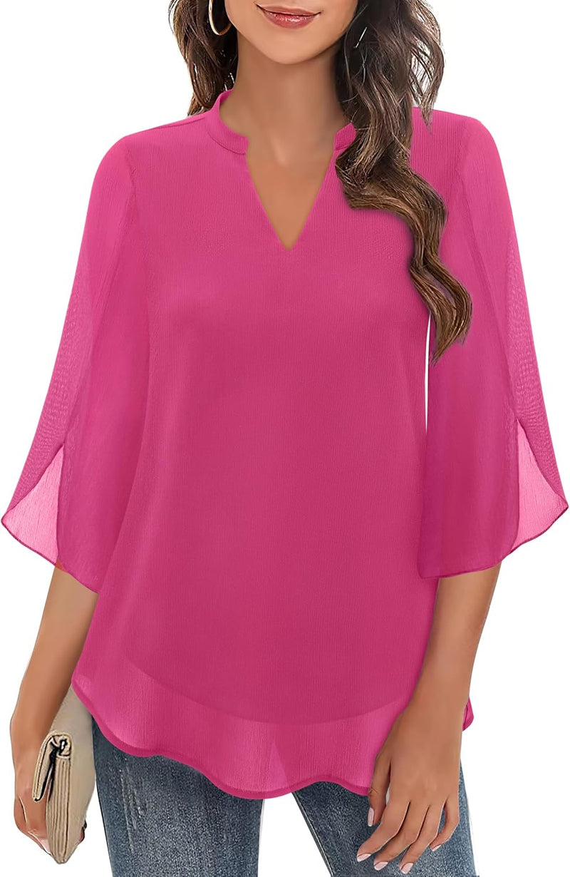 Womens Tops Dressy Casual Ruffle 3/4 Sleeve V Neck Double Layers Chiffon Blouses Tops