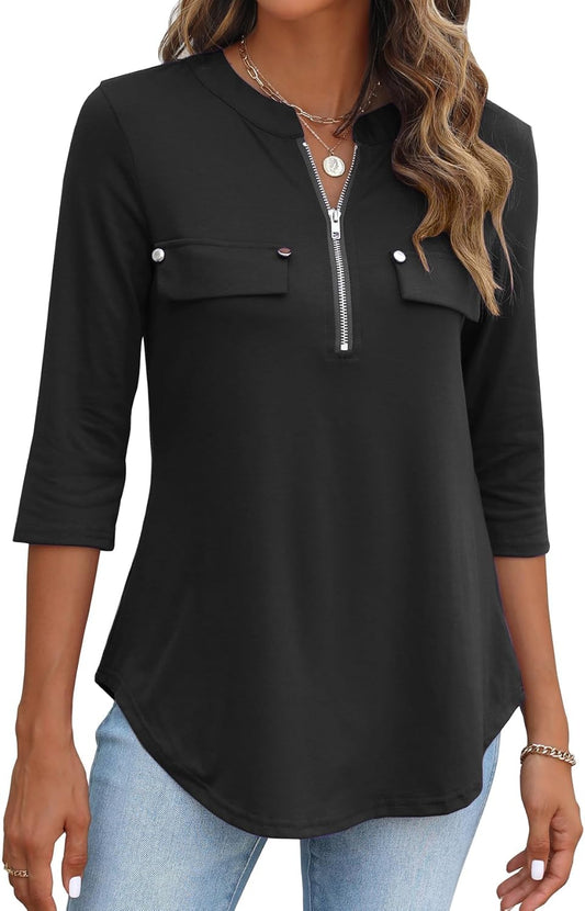 Women'S 3/4 Length Sleeve V Neck Zip Flowy Dressy Casual Tops Blouse