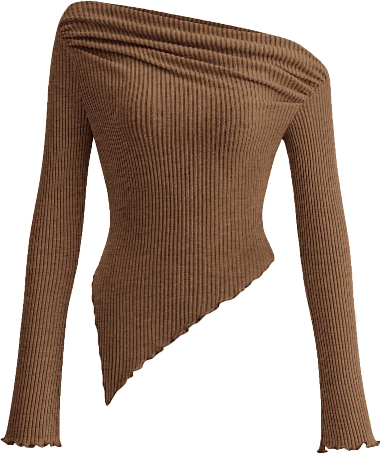 Women'S Spring Long Sleeve Y2K Crop Top Trendy off Shoulder Asymmetrical Fitted Knit Tee Shirts Going Out Tops