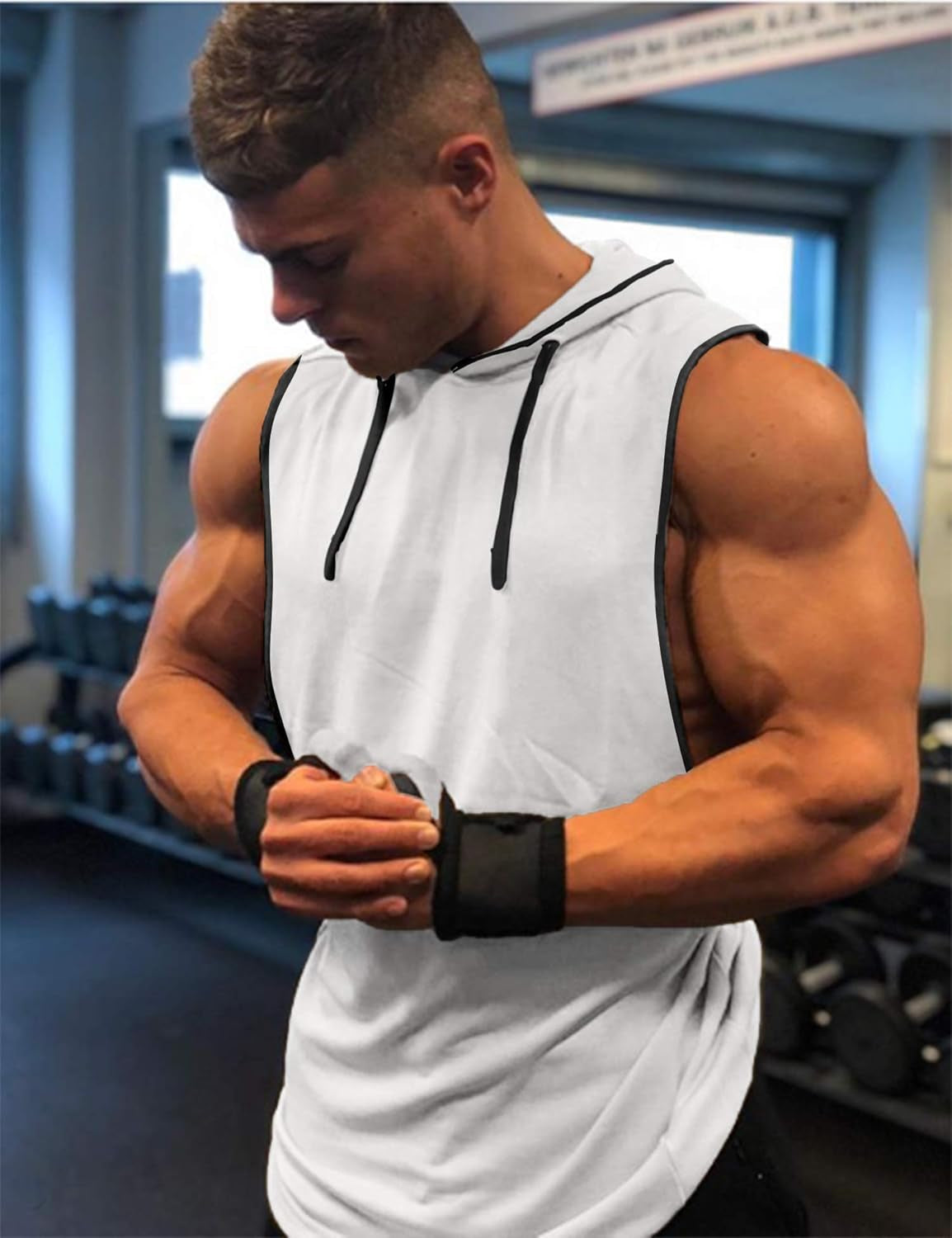 Men'S Sleeveless Workout Hoodie Tank Tops Gym Bodybuilding Muscle Cut off T-Shirts with Pockets White