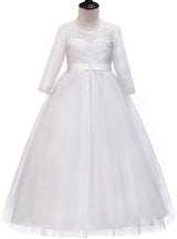 Girls Long Lace Bridesmaid Dress 3/4 Sleeves Floor Length Maxi Tulle Pageant Ball Gowns Wedding Party Dresses for Kids