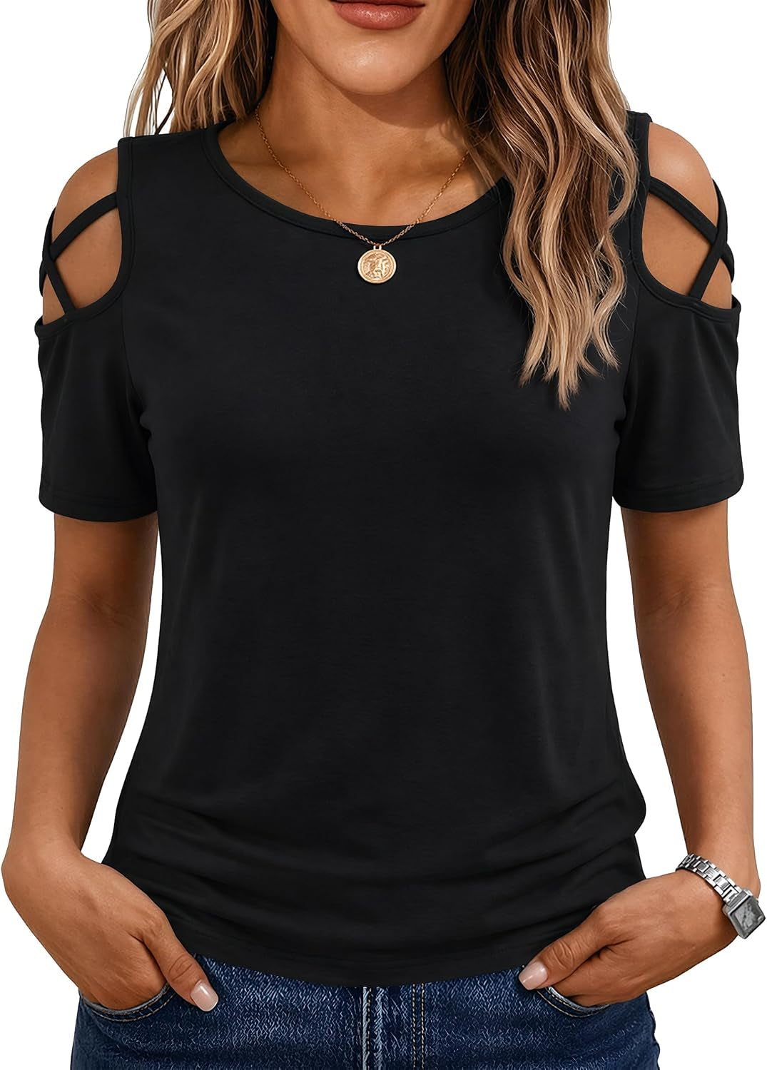 Women'S Summer Tops Short Sleeve Cold Shoulder Tops T-Shirts for Women Spring Summer Tops Loose Fit Tunic 2026