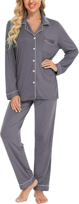 Pajamas Set for Women Long Sleeve Sleepwear with Pocket Soft Button down Shirt Long Pants Pj Lounge Sets S-XXL
