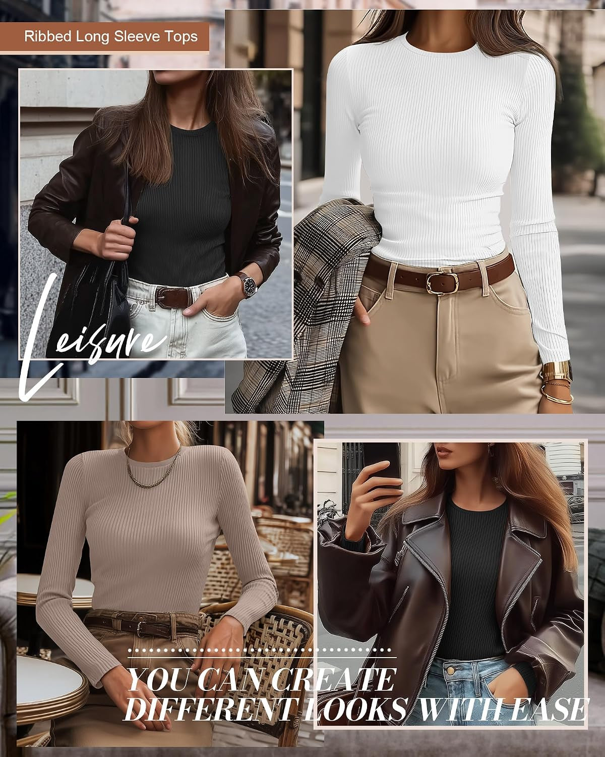 3 Pack Women'S Ribbed Long Sleeve Tops, Crew Neck Slim Fit Undershirts Knit Basic Casual Stretch Layering Tee Shirts