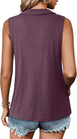 Womens Ribbed Tank Top Zipper V Neck Dressy Casual Blouses Sleeveless Camisole Tops Work Tank Polo Shirts