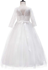 Girls Long Lace Bridesmaid Dress 3/4 Sleeves Floor Length Maxi Tulle Pageant Ball Gowns Wedding Party Dresses for Kids
