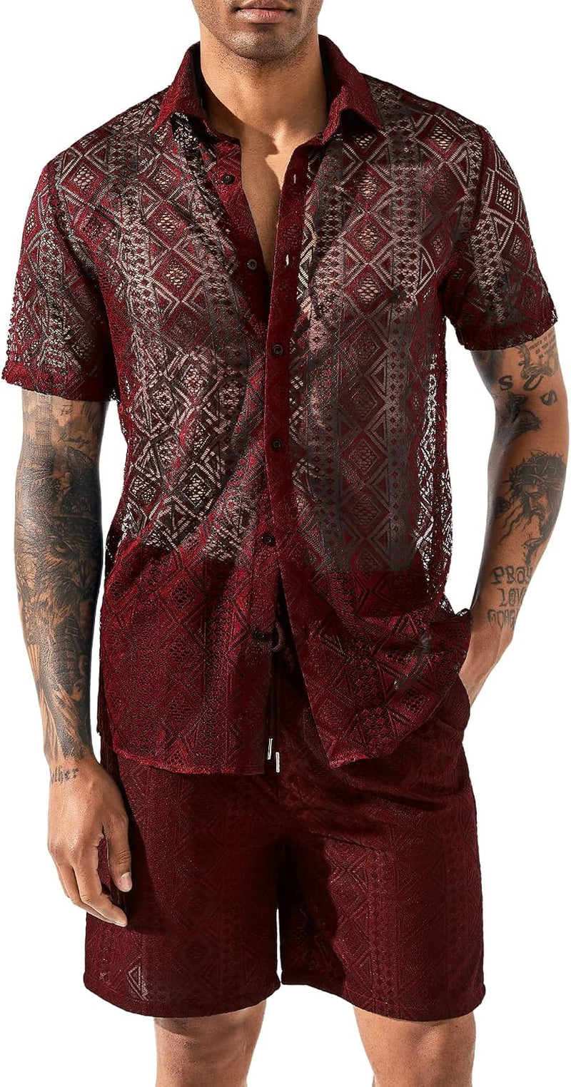 Men Summer Casual Short Sets Lace Short Sleeve Button down Shirt Elastic Waist Shorts 2 Piece Outfits Tracksuit