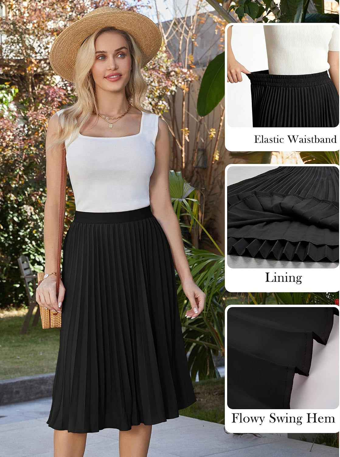 Pleated Midi Skirt for Women,Chiffon Elastic High Waist Knee Length Skirts,Swing Flare A-Line Outfits