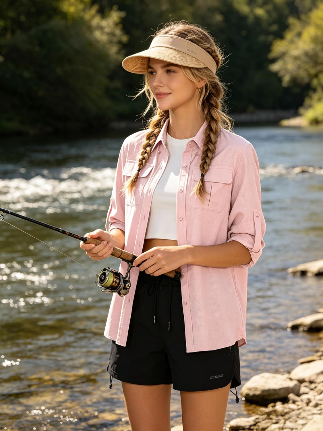 Womens UPF 50 Sun Protection Shirts Fishing Shirts Quick Dry Roll-Up Sleeves Safari Shirts