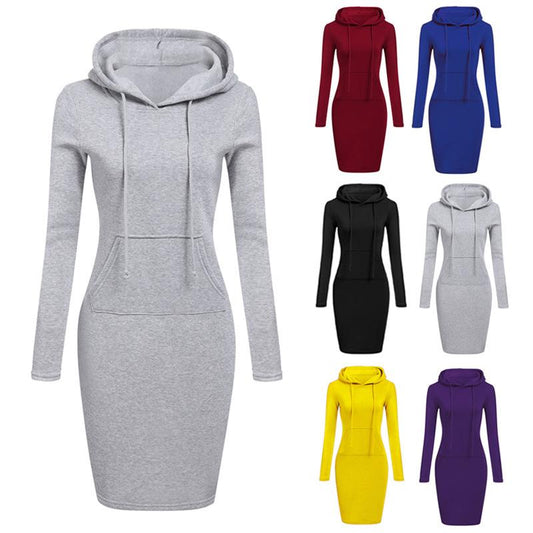Women Stripes Pocket Knee Length Slim Casual Pullover Hoodie Dress