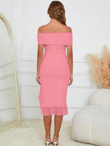 Women'S Sexy Bodycon off the Shoulder Party Midi Dress | Elegant Ruched Mesh Ruffle Cocktail Dress