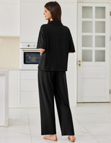 Women Pajamas Set Button down Sleepwear Short Sleeve Pjs Soft Comfy Nightwear with Long Pants S-XXL