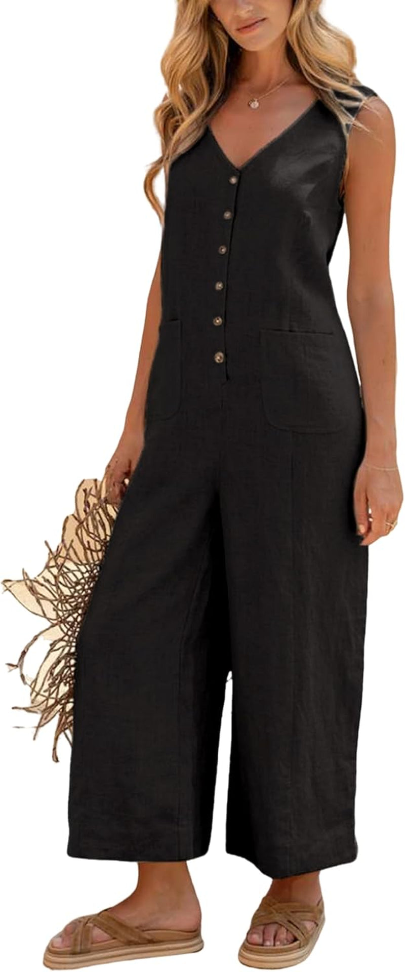 Women Button down Jumpsuits Cotton Linen Sleeveless Casual Wide Legs Rompers Loose Overall with Pockets