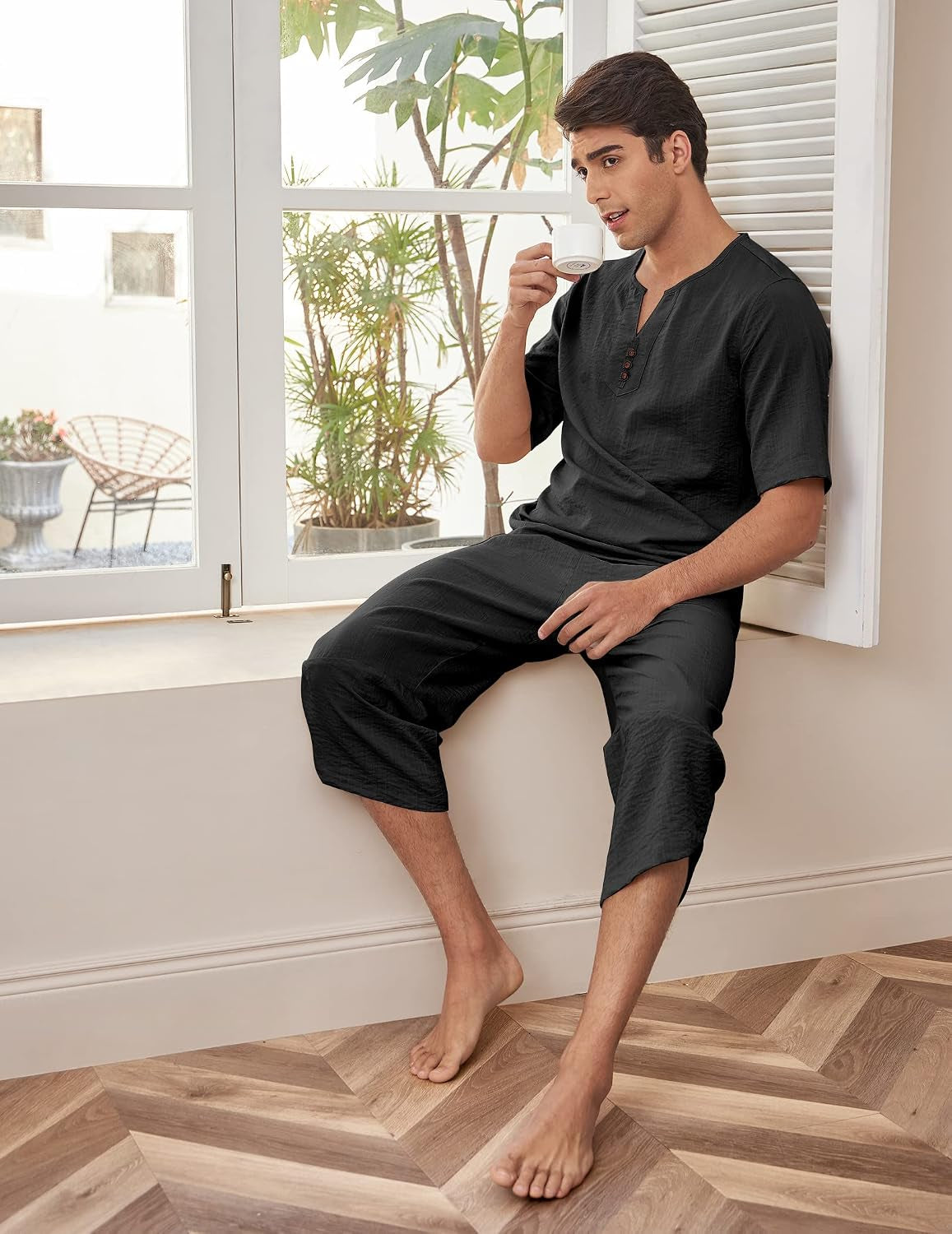 Men'S 2 Pieces Linen Set Henley Shirt Short Sleeve and Harem Capri Pants Wide Leg Baggy Beach Yoga Trousers Outfits