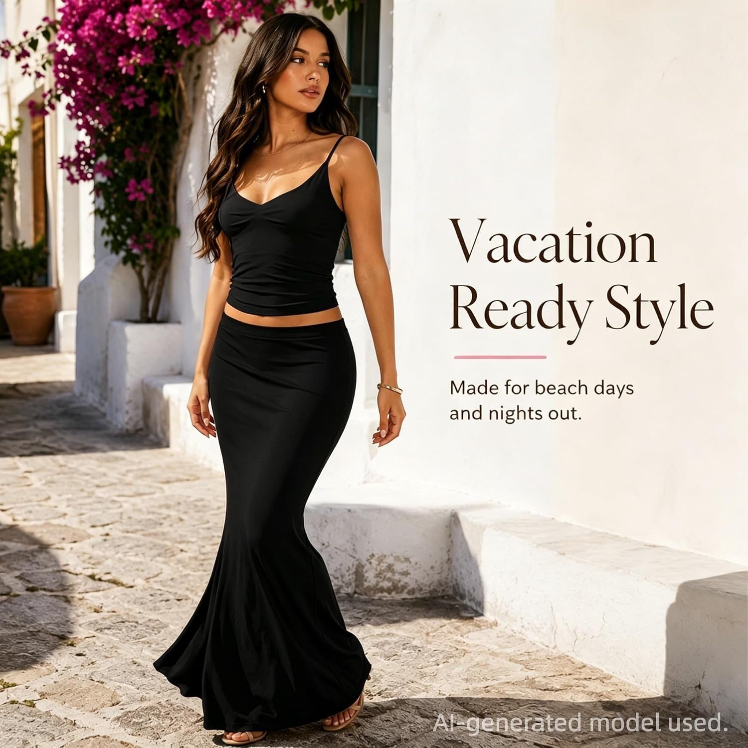 Two Piece Skirt Set for Women - Sexy Sleeveless Spaghetti Strap Pleated Tank Top Maxi Long Skirts Sets