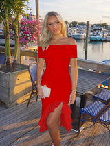 Women'S Sexy Bodycon off the Shoulder Party Midi Dress | Elegant Ruched Mesh Ruffle Cocktail Dress