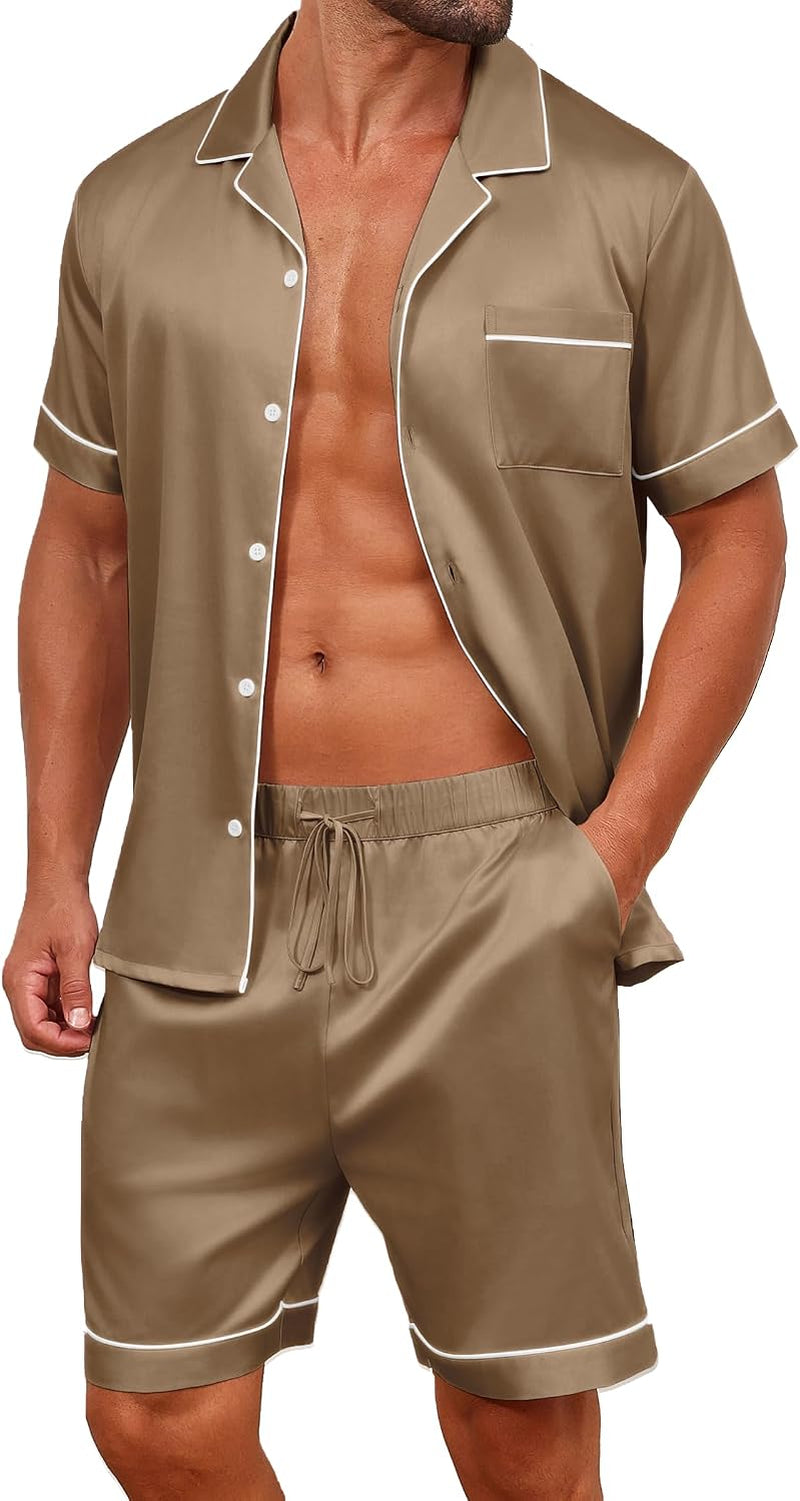 Mens Satin Silk Pajamas Sets Short Sleeve Button-Down Sleepwear Two Piece Loungewear with Pockets