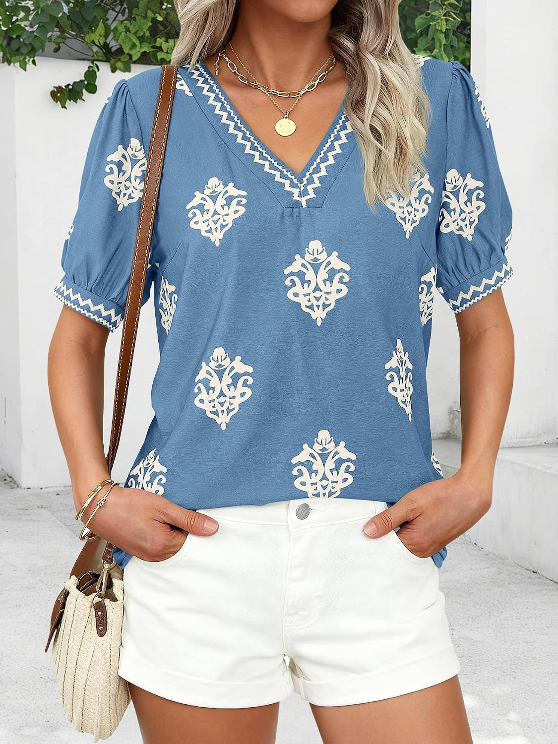 Casual Summer T Shirts Going Out Tops for Women Beach Vacation Clothes Short Sleeve Blouses V Neck Boho Tunics