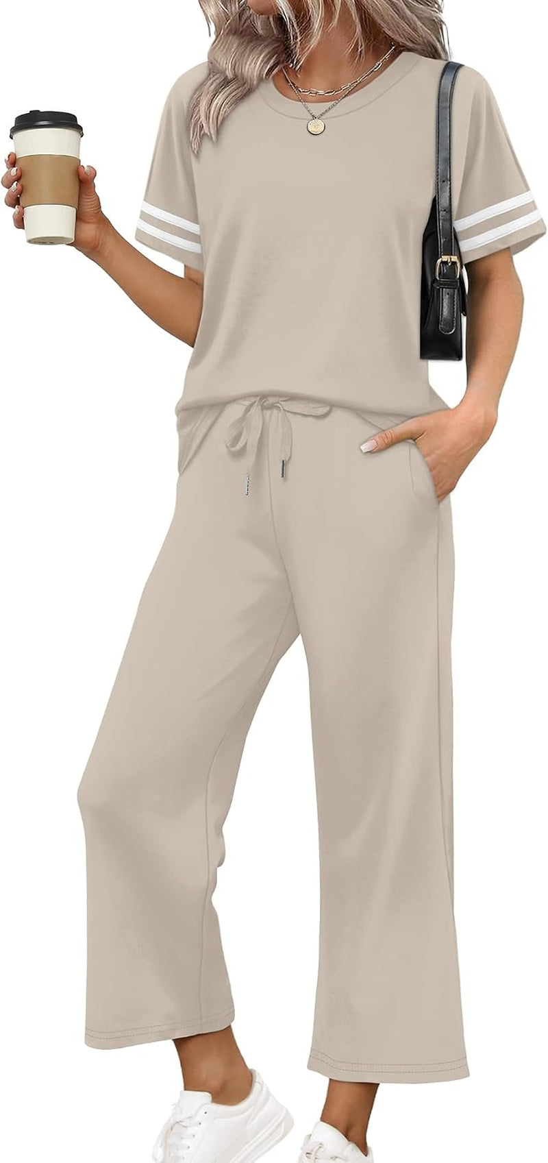 Two Piece Sets for Women Summer Outfits Lounge Sets Short Sleeve Tops Wide Leg Pants Vacation Travel Outfits