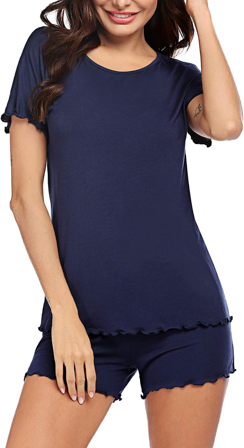 Women'S Summer Cotton Pajamas Set Tops and Shorts Sleepwear (Navy Blue L)
