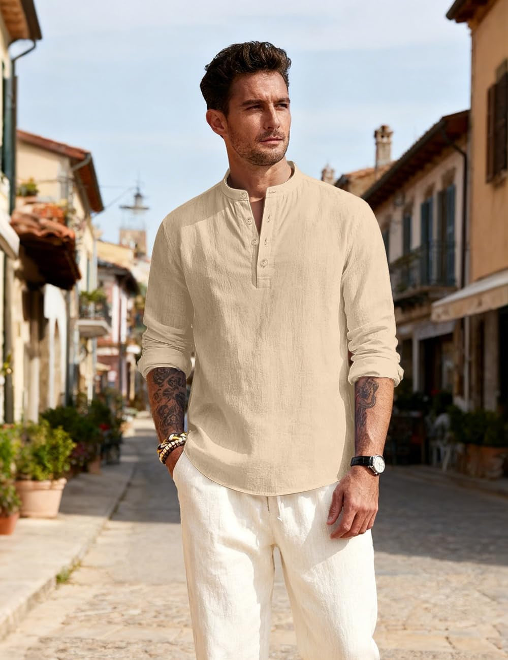 Men'S Linen Shirts Henley T-Shirts Long Sleeve Casual Beach T-Shirts Solid Tops Shirts for Men