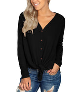 Womens Loose Blouse Long Sleeve V Neck Button down T Shirts Tie Front Knot Casual Tops Black S