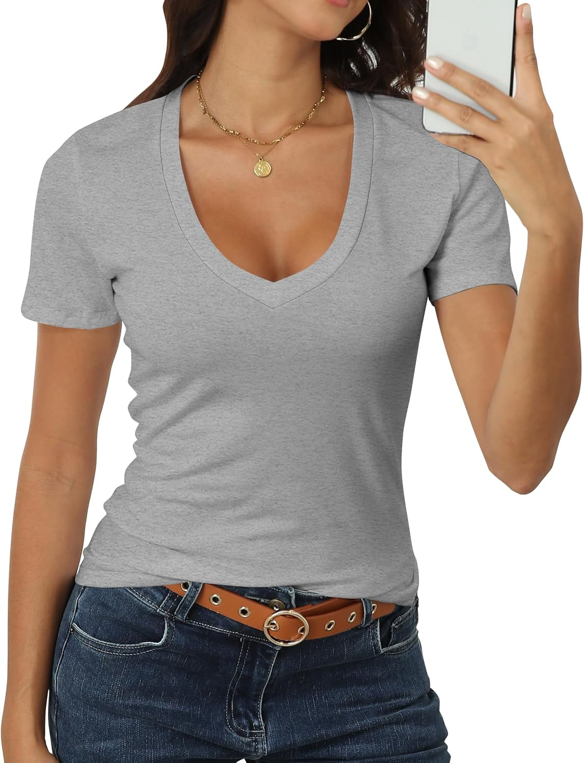 Women Short Sleeve Deep V Neck Tops Shirts Fitted Cotton Summer Tshirt Tee